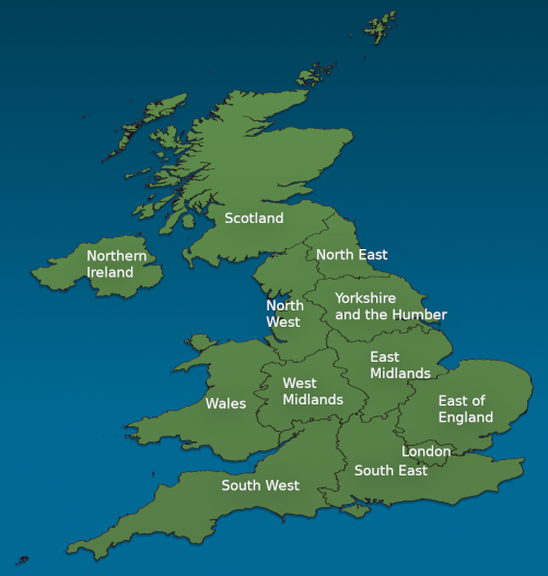 Map showing the regions of the British Isles
